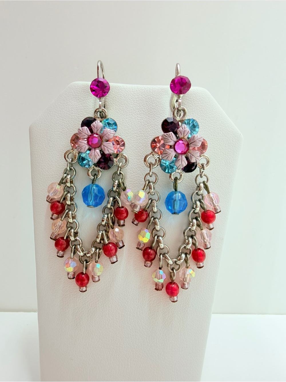 Multi-colored vintage look floral earrings with pink, blue, and red beads